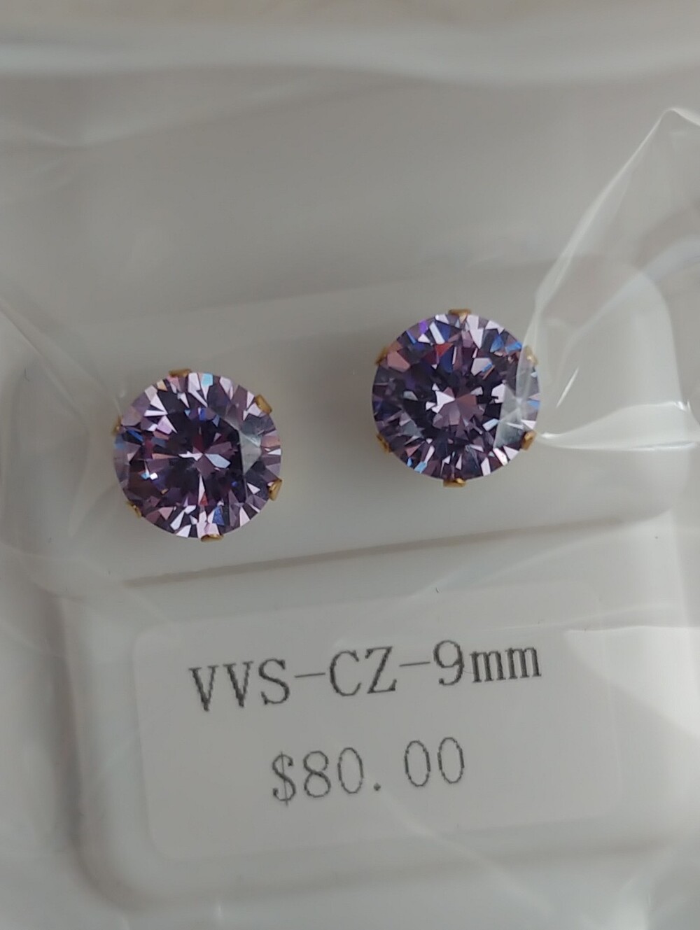 VVS CZ 9mm Purple Cubic Zirconia Stud Earrings - Gold Setting 2